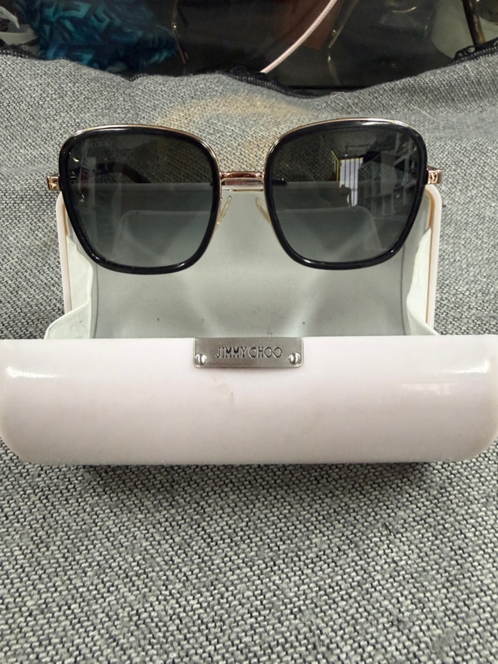 Jimmy Choo Black and Gold Square Sunglasses with Light Pink Case